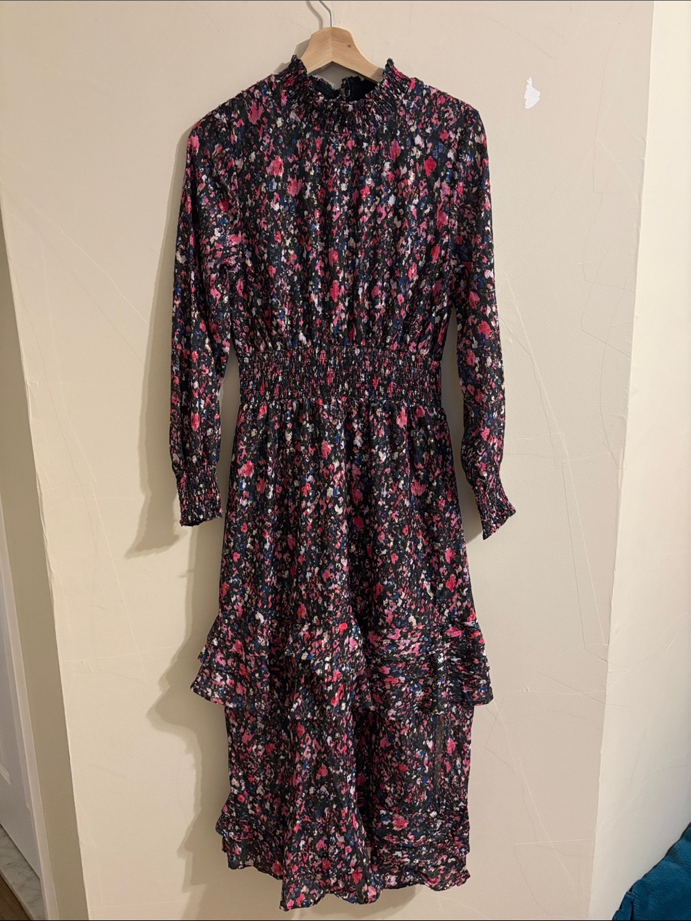 Long-Sleeve Floral Midi Dress with Smocked Waist in Pink on Black